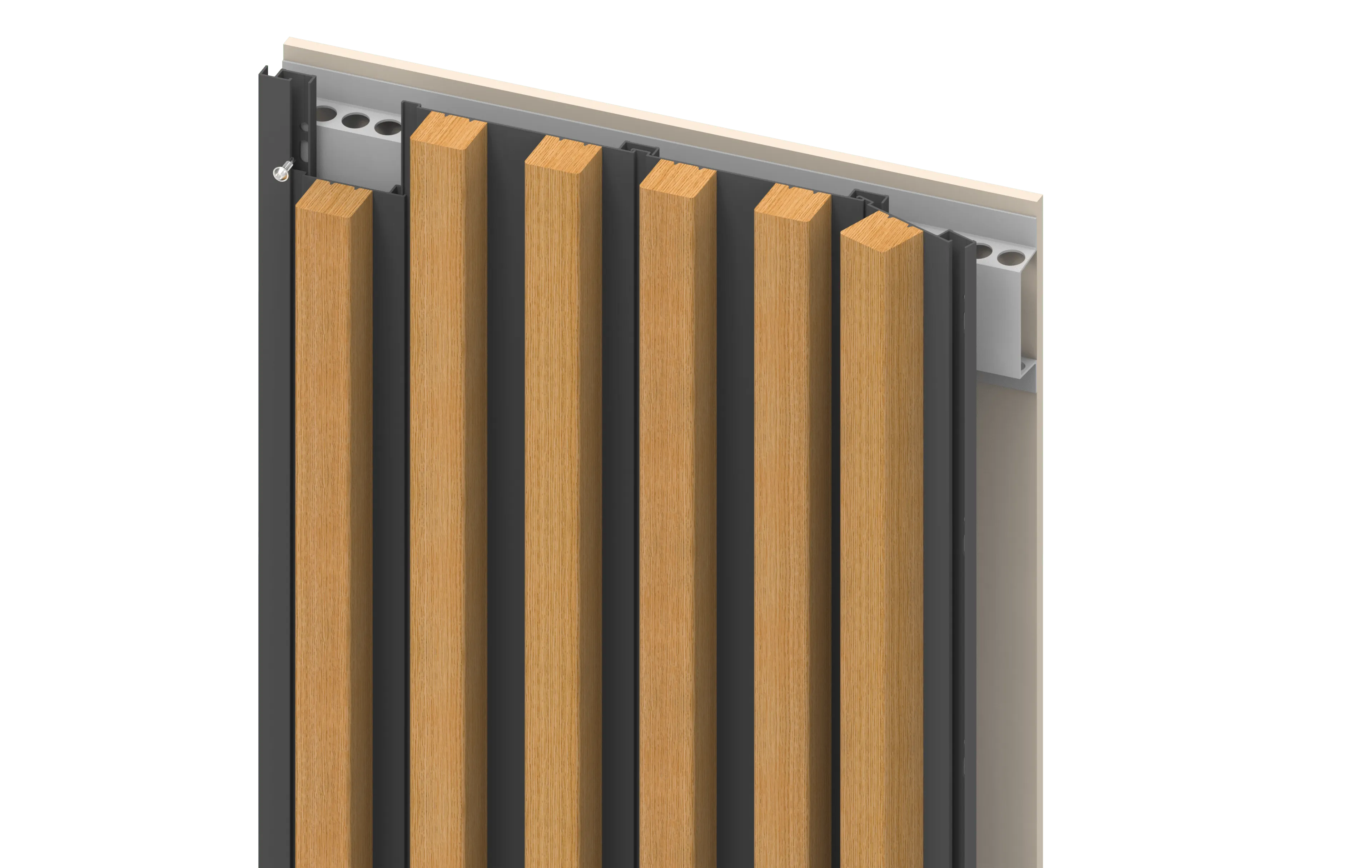 Nærbillede af lodrette trælameller monteret på en metalramme med en bagplade.