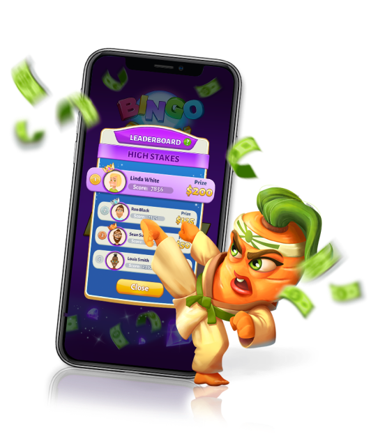 Mobile phone showing the leaderboard screen from Bingo Cash game