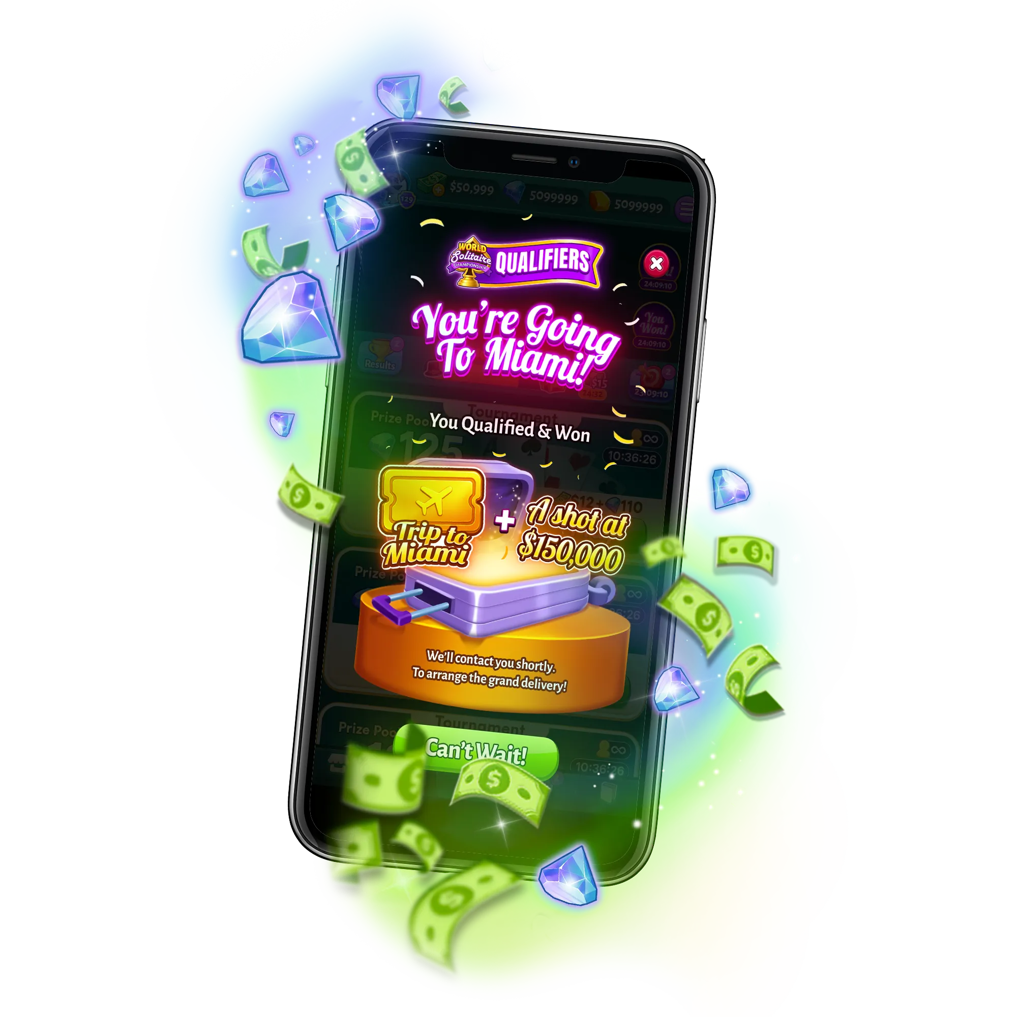 Mobile phone showing a screen from Solitaire Cash game