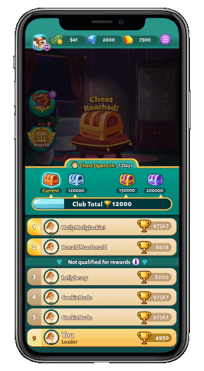 Mobile phone showing the leaderboard screen from Bingo Cash game