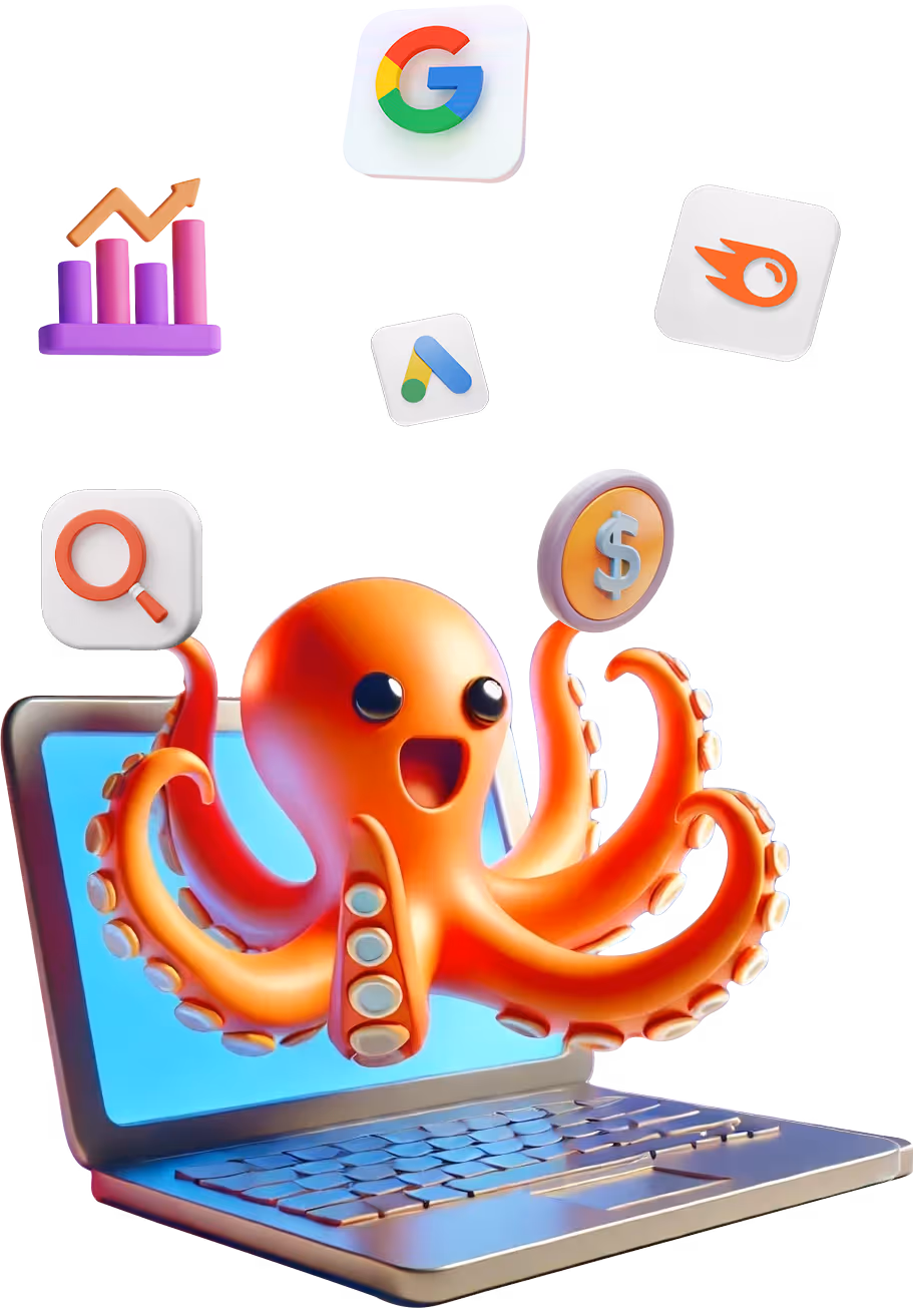 Digital agency DigiBenders' mascot, an orange octopus, presenting 'Your Vision, Our <Innovation>' tagline for streamlined business solutions.