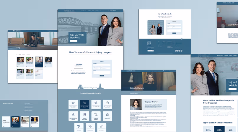 Website layout mockups for Moss Hachey Law, featuring modern UI sections, lawyer portraits, and responsive page designs.