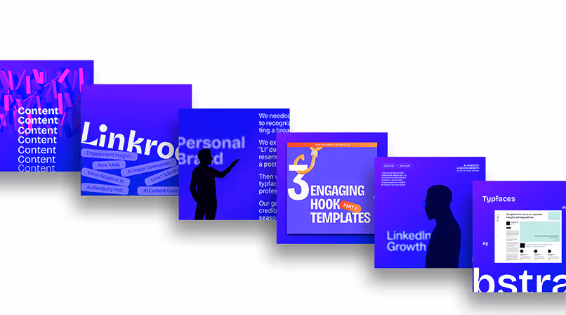 Visual branding showcase for Linkroo, including wordmark logo, templates, and colorful UI panels for LinkedIn content.