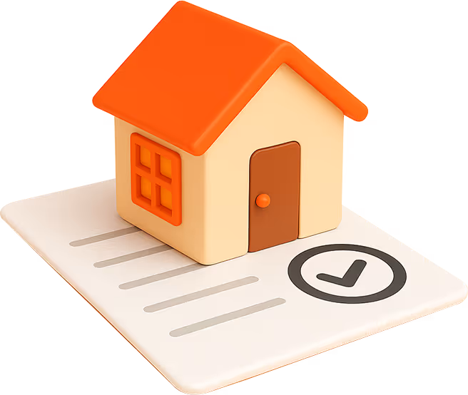 3D cartoon-style house placed on a contract paper with a checkmark, representing real estate law and legal agreements.