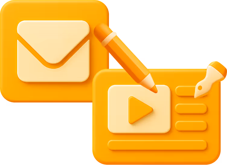 3D yellow-orange icons representing digital communication and content creation, featuring an envelope, a play button on a card, a pencil, and a fountain pen nib.