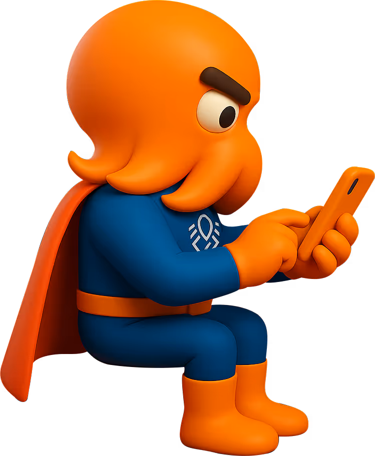 3D cartoon octopus superhero in a blue suit and red cape sitting on a block, focused on using a smartphone.