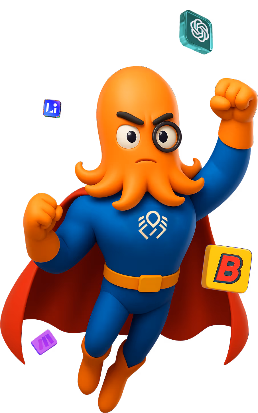 3D cartoon octopus superhero in a blue suit and red cape with DigiBenders' logo on the chest, flying upward with a determined expression, surrounded by floating AI tech icons of Chat GPT, Blaze, Linkroo, Make etc.