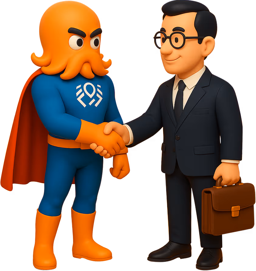 3D illustration of a superhero octopus character shaking hands with a businessman, symbolizing DigiBenders’ client partnerships and trusted digital consultancy services.