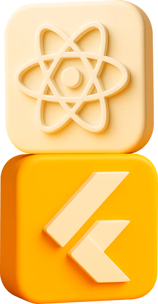 Purple 3D icons of React and Flutter frameworks, showcasing DigiBenders’ cross-platform app development expertise.