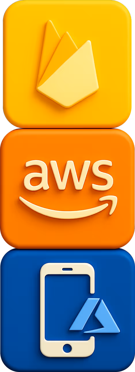 Stacked 3D icons of Firebase, AWS, and Azure Mobile Apps, representing DigiBenders’ expertise in scalable cloud and mobile backend solutions.