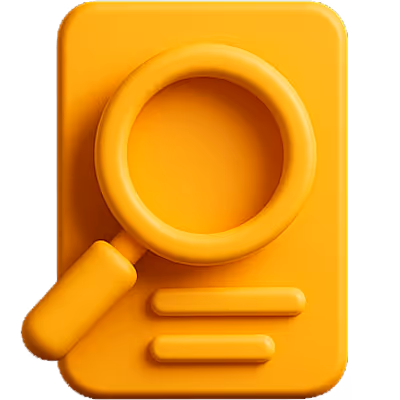 3D icon of a magnifying glass over a document, representing SEO auditing and digital research services by DigiBenders.