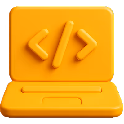 3D icon of a laptop with code brackets, representing custom software development and full-stack coding services by DigiBenders.