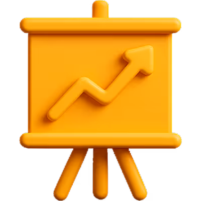 3D icon of an upward-trending graph on a presentation board, symbolizing data-driven growth strategies and performance marketing.