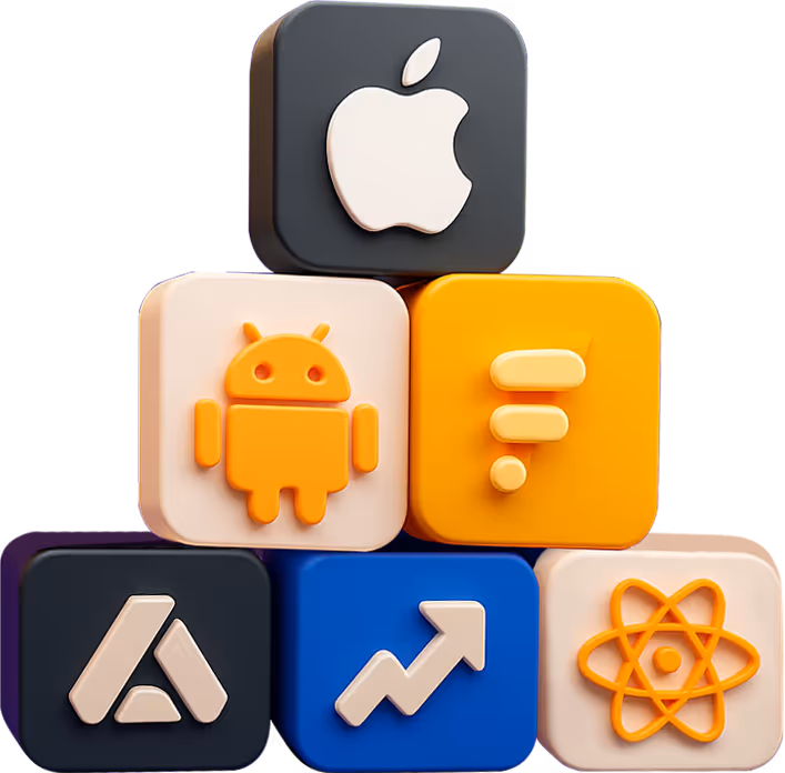 3D icons representing app development technologies including Apple iOS, Android, Firebase, Google Ads, analytics, and React, symbolizing DigiBenders' full-stack digital solutions.