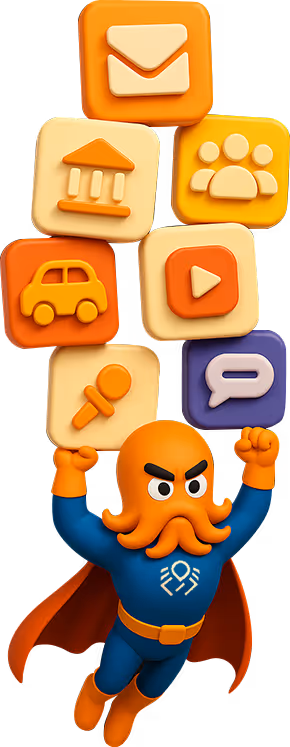 3D superhero octopus character holding icons for email, banking, users, car, video, podcast, and chat—illustrating DigiBenders’ all-in-one digital automation and marketing solutions.