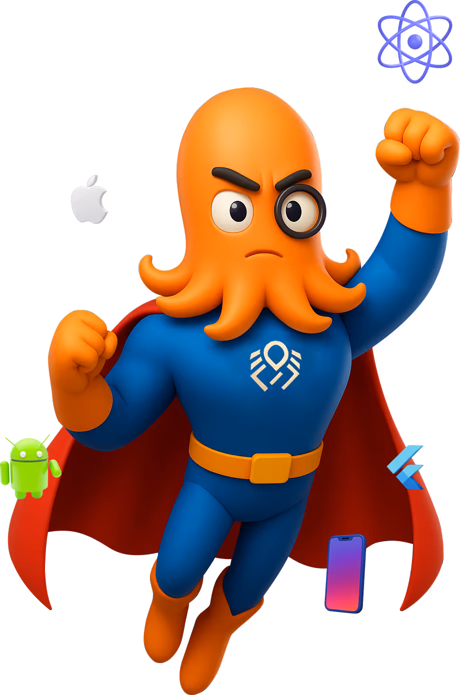 3D cartoon octopus superhero in a blue suit and red cape with DigiBenders' logo on the chest, flying upward with a determined expression, surrounded by floating AI tech icons of React, iOS, Android etc.