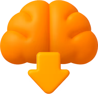 3D icon of a brain with a downward arrow, representing AI integration, knowledge automation, and machine learning solutions by DigiBenders.