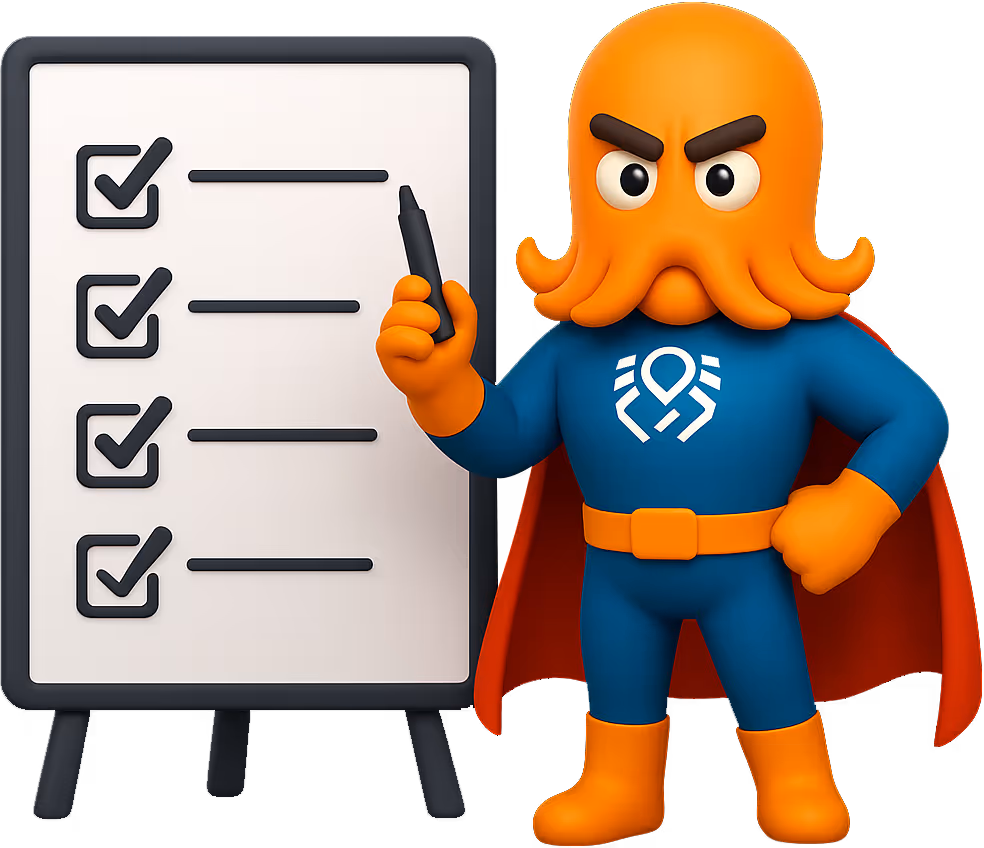 3D superhero octopus character presenting a checklist on a whiteboard, symbolizing DigiBenders’ structured project execution and process-driven delivery.