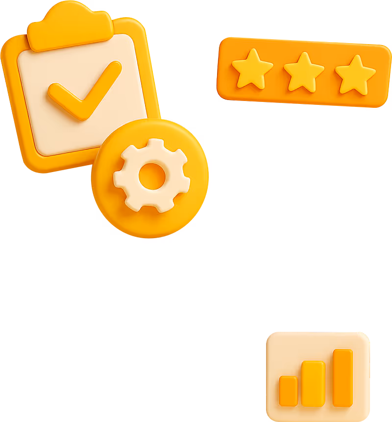 3D icons of a checklist, gear, and three-star rating over a map background, representing DigiBenders’ local SEO optimization, reputation management, and service quality systems.