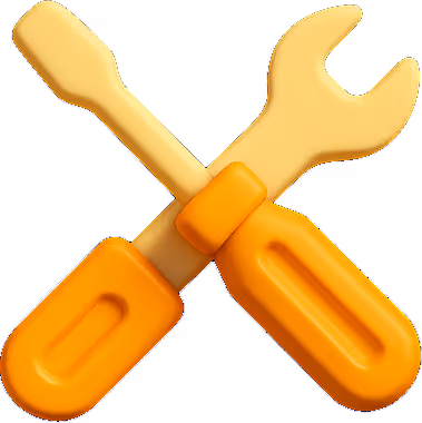 3D crossed wrench and screwdriver icon, symbolizing technical support, system maintenance, and custom development services.