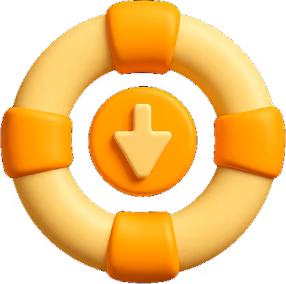 3D life ring with a downward arrow, representing customer support tools, data recovery, or business continuity solutions.