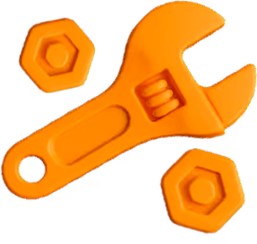Dark 3D icon of a wrench and bolts, symbolizing technical support, system integration, or backend development services.
