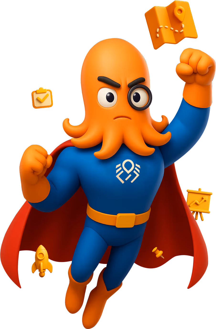 3D cartoon octopus superhero in a blue suit and red cape with DigiBenders' logo on the chest, flying upward with a determined expression, surrounded by floating AI tech icons of roadmap.