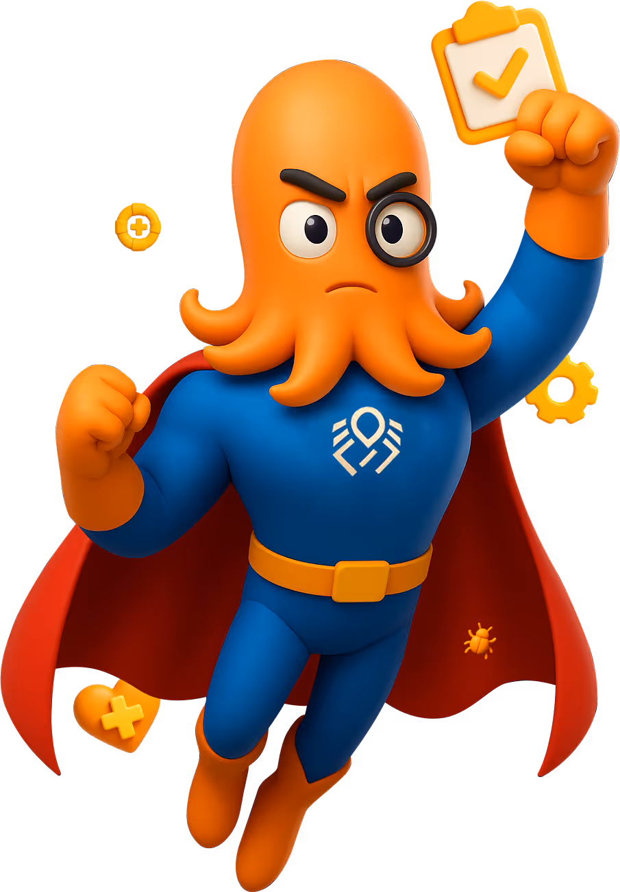 3D cartoon octopus superhero in a blue suit and red cape with DigiBenders' logo on the chest, flying upward with a determined expression, surrounded by floating AI tech icons of software rescue.