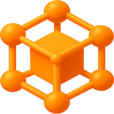 3D network nodes icon, representing system integration, data connections, or API architecture.