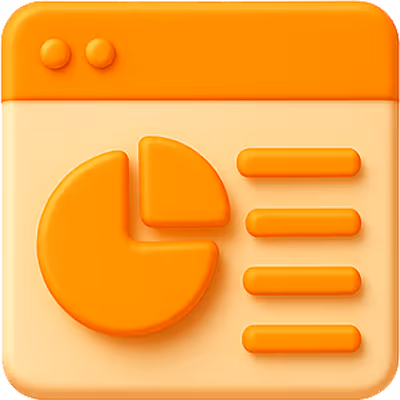 3D browser window with pie chart, symbolizing web analytics, dashboard insights, or performance reporting.