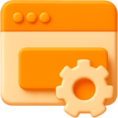 3D browser window with a gear icon, representing website backend configuration or CMS setup.