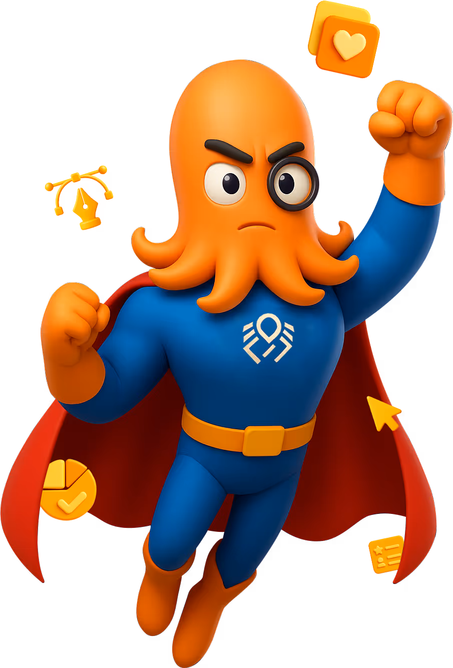 3D cartoon octopus superhero in a blue suit and red cape with DigiBenders' logo on the chest, flying upward with a determined expression, surrounded by floating AI tech icons of UI and UX.