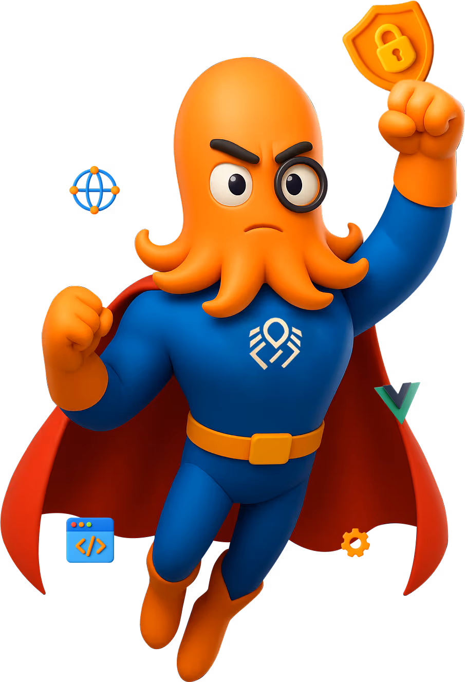 3D cartoon octopus superhero in a blue suit and red cape with DigiBenders' logo on the chest, flying upward with a determined expression, surrounded by floating AI tech icons of Vue, Next, Laravel etc.