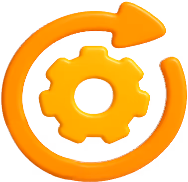 Dark 3D icon of a gear surrounded by circular arrows, representing automation, workflow optimization, and continuous improvement processes.