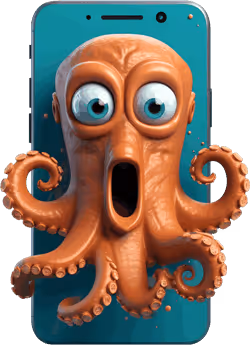Orange octopus mascot displaying a shocked expression on a smartphone screen, symbolizing case study revelations and digital transformation success at DigiBenders.