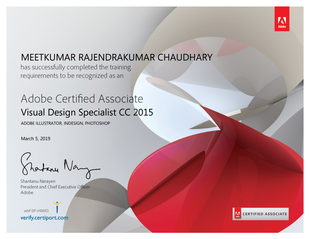 Adobe Certified Associate Visual Design Specialist CC 2015 certificate awarded to Meet Chaudhari, covering Illustrator, InDesign, and Photoshop
