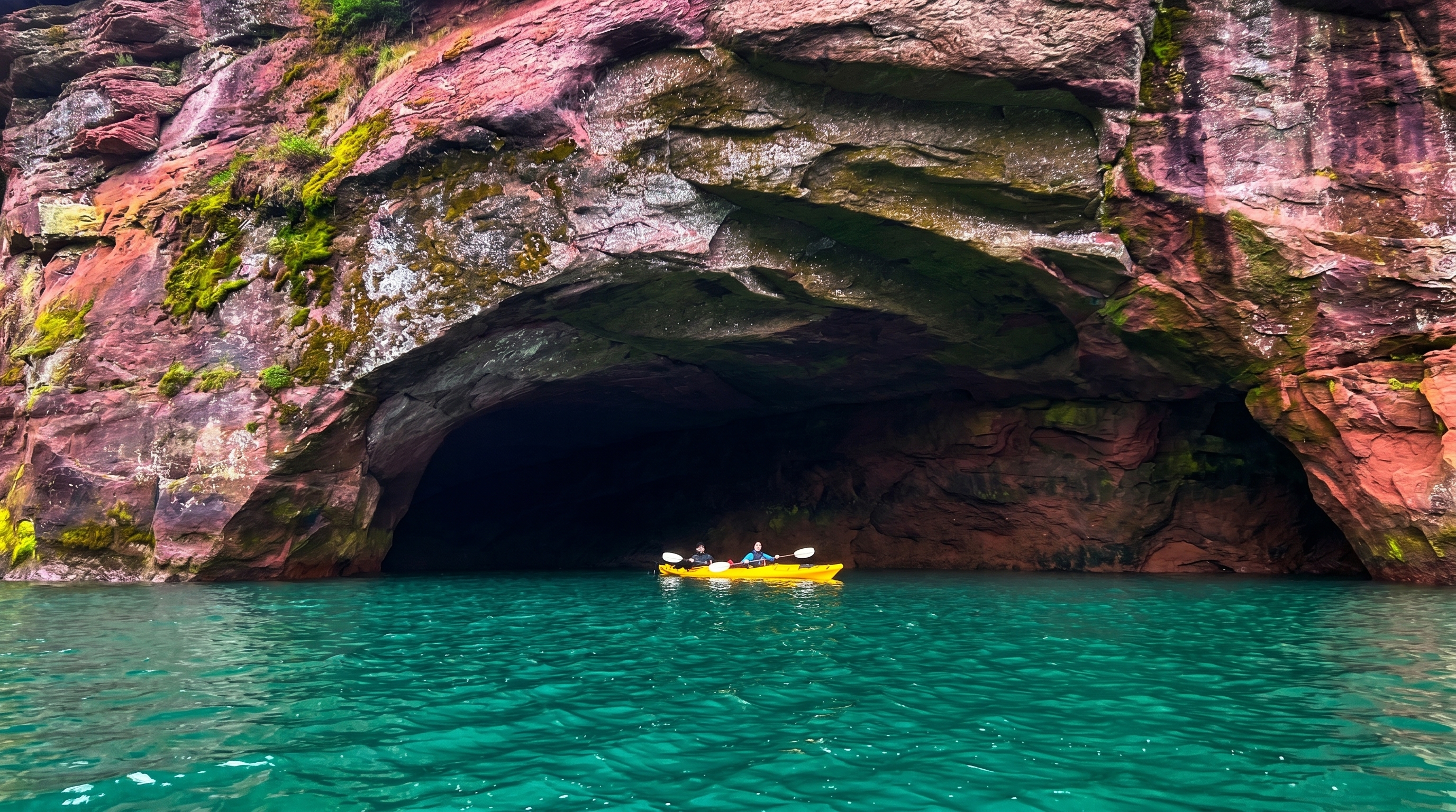 A yellow kayak floating on turquoise water inside a colorful rock cave, one of Meet Chaudhari's travel photography captures
