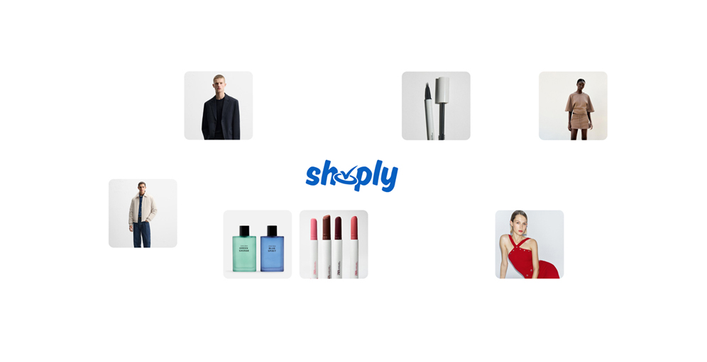 Shoply marketplace product collage showing fashion, cosmetics, and lifestyle items surrounding the Shoply logo on a dark background.