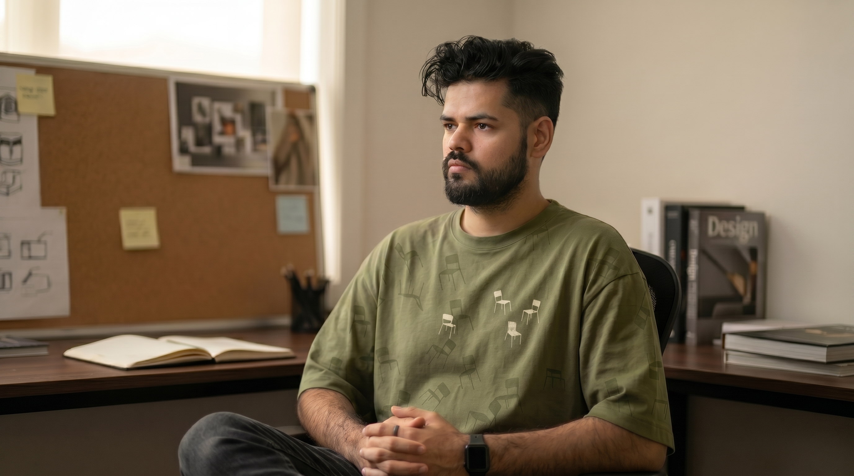 Meet Chaudhari, partner and visual designer at DigiBenders, at his design workspace with mood boards and sketchbooks