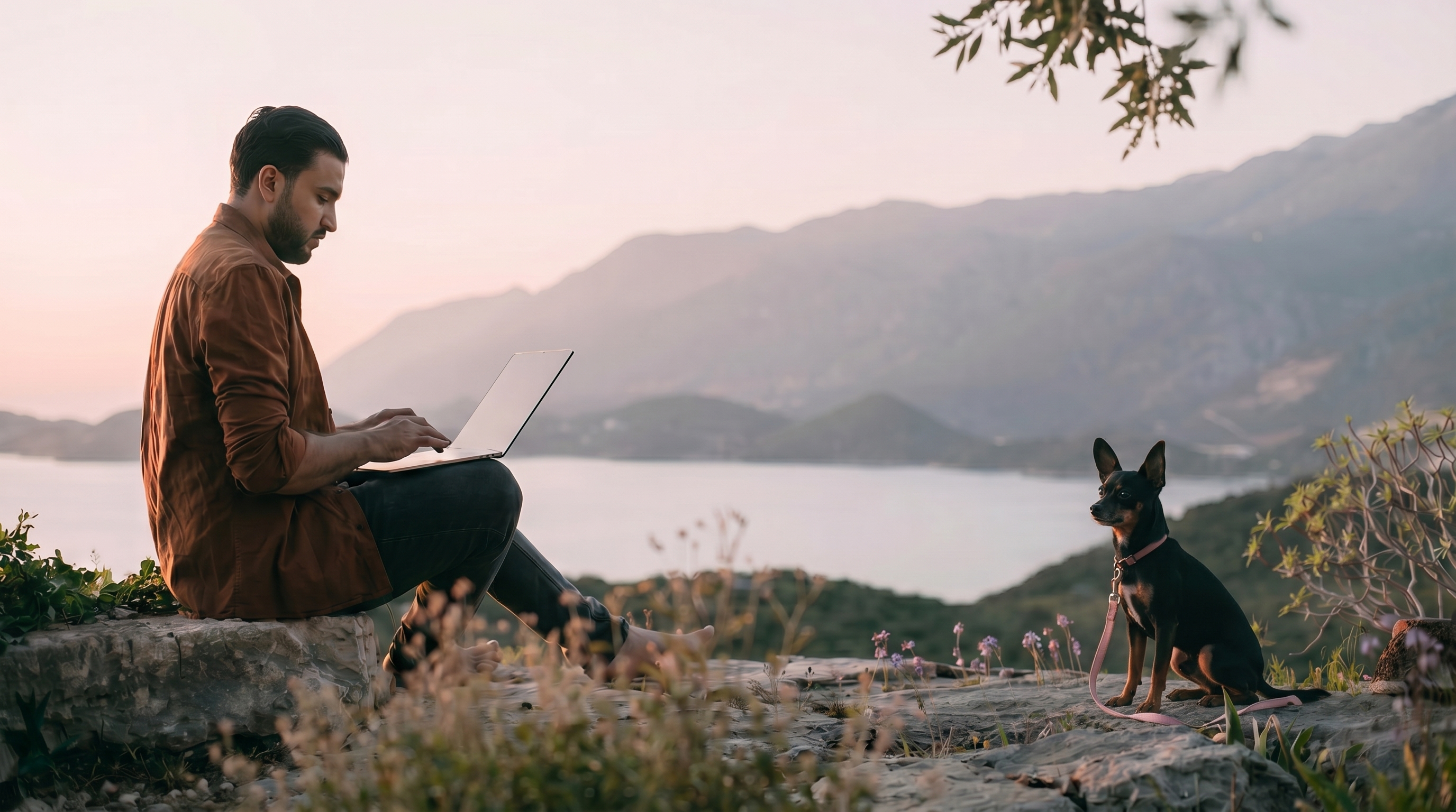 Nikhil Sharma working on a laptop outdoors at sunset with his dog Zara, overlooking a lake and mountains