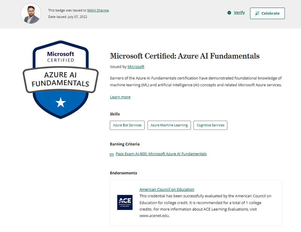 Microsoft Certified Azure AI Fundamentals credential issued to Nikhil Sharma, validating machine learning and AI skills on Azure