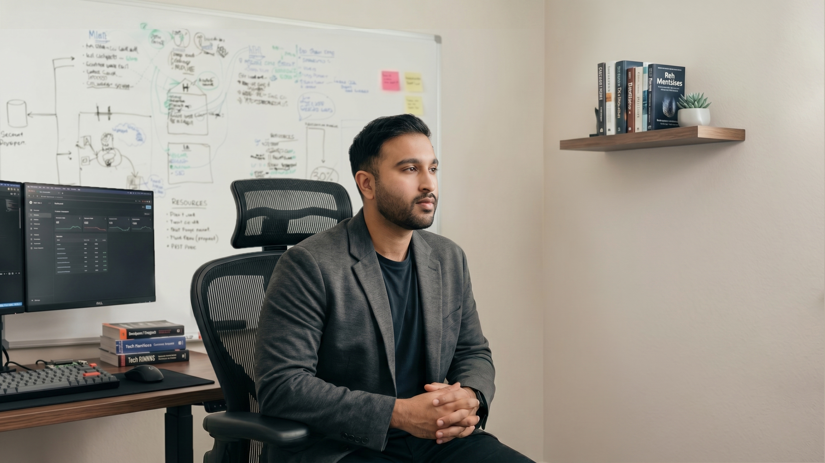 Nikhil Sharma, founder of DigiBenders, at his desk with software architecture diagrams on a whiteboard and code on dual monitors