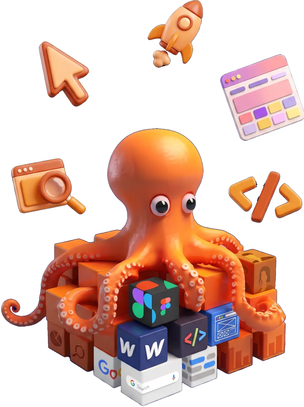 DigiBenders mascot surrounded by web design and development tools including Webflow, Figma and Google