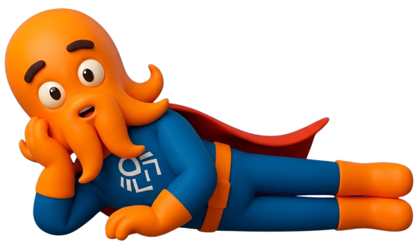 3D superhero octopus mascot flying with a determined expression, representing DigiBenders’ bold, action-driven approach to digital innovation and client success.