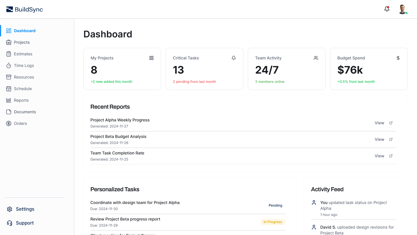 Construction project management dashboard showing active projects, critical tasks, and budget overview.