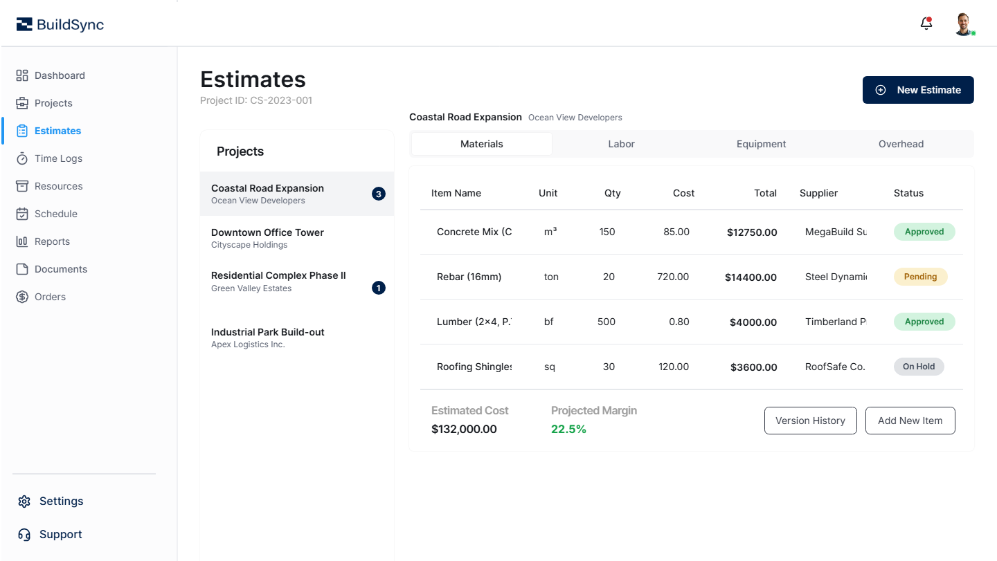 Construction estimating screen with material costs, labor breakdowns, and supplier approval status.