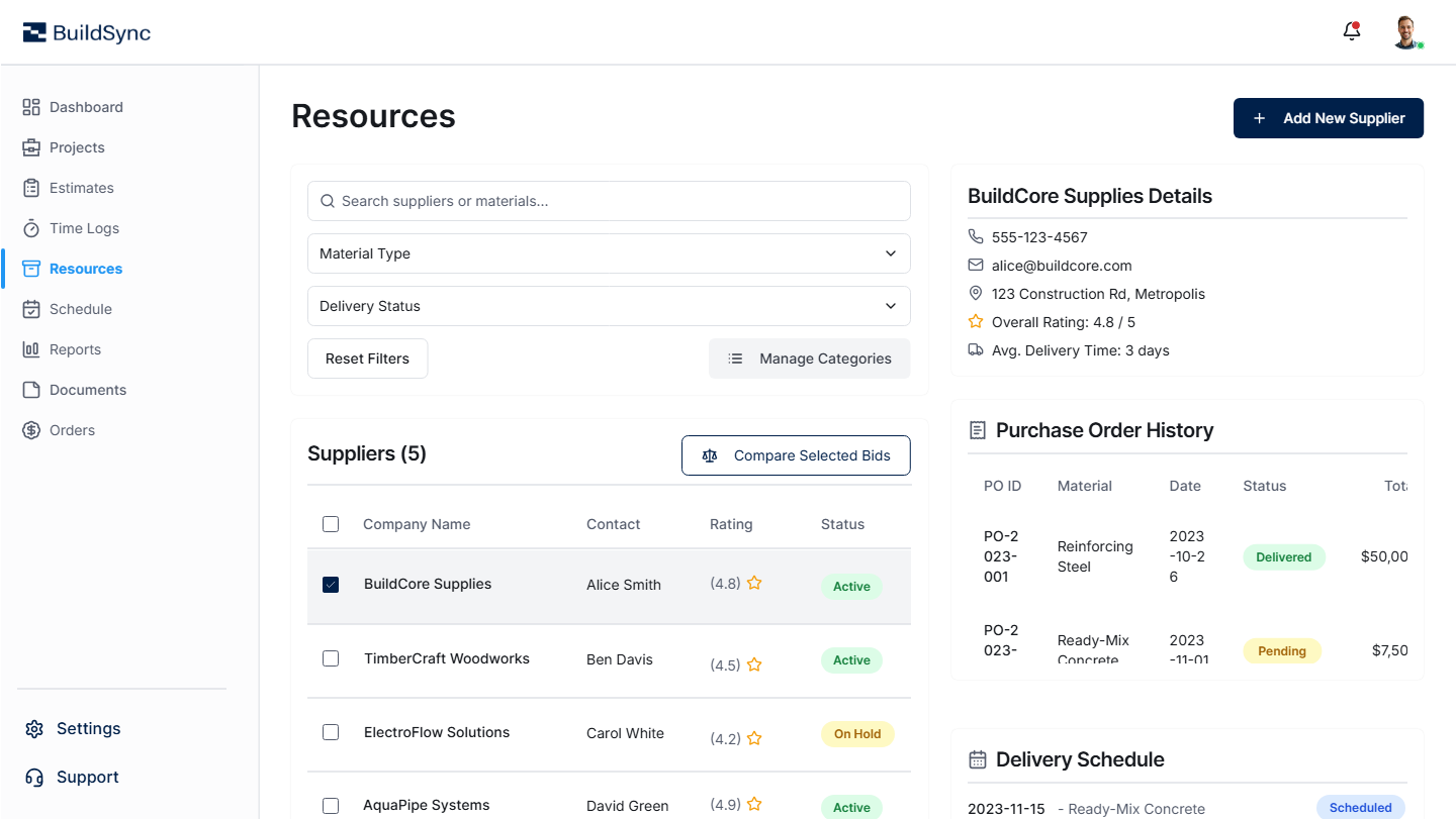 Supplier management dashboard with vendor details, purchase order history, and delivery schedules.