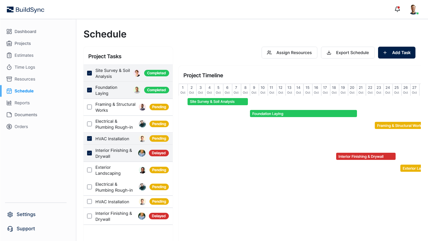 Construction scheduling view with Gantt chart visualization for task timelines and project dependencies.