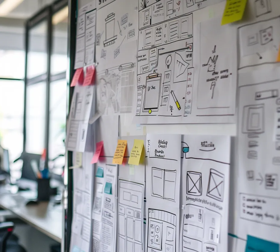 Design sketches and wireframes on a wall during a project planning session in a creative workspace.