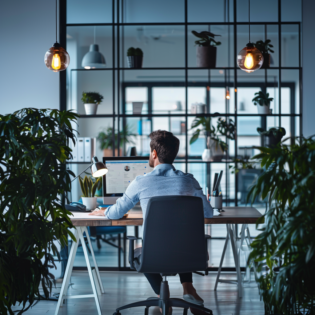 Professional man using LinkedIn on a desktop computer in a modern office setting.